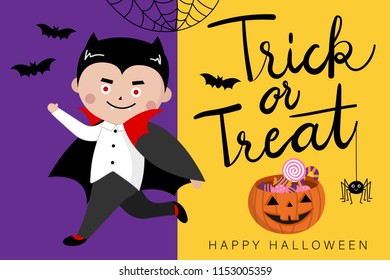 Happy Halloween Greeting Card With Cute Dracula And Spider. Trick Or Treat Calligraphy Hand Written, Pumpkin And Candy Holiday Cartoon.