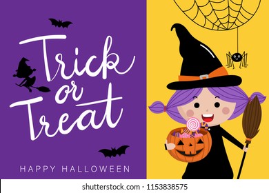Happy halloween greeting card with cute witch and spider. Trick or treat calligraphy hand written, Pumpkin and candy holiday cartoon