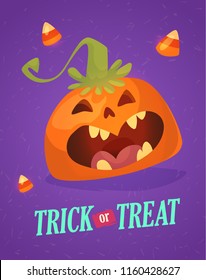 Happy halloween greeting card with cute pumpkin. Trick or treat holiday cartoon.
