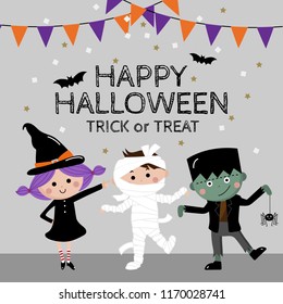 Happy Halloween greeting card with cute kids in ghost costume. Witch, mummy and zombie party. Trick or treat with girl and boy.