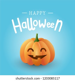 Happy Halloween greeting card with cute vector pumpkin on blue background. - Vector illustration