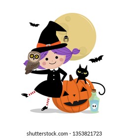 Happy halloween greeting card with cute witch, owl, black cat and pumpkin. Animal holidays cartoon character vector.