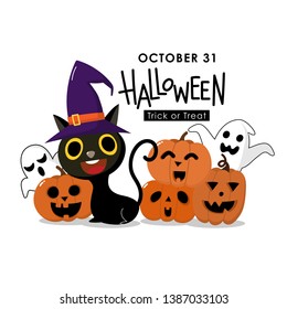 Happy Halloween greeting card with cute black cat wear witch hat, scary pumpkin and spooky ghosts. Animal holidays cartoon character.