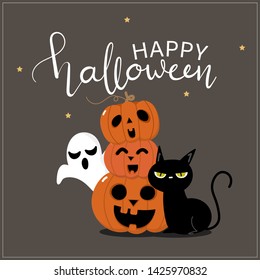 Happy Halloween greeting card with cute black cat, scary pumpkin and spooky ghosts. Animal holidays cartoon character. Calligraphy hand written. -Vector.