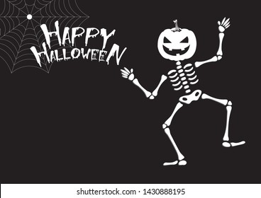 Happy Halloween greeting card with cute  head pumpkin skeleton. Holidays cartoon character vector.