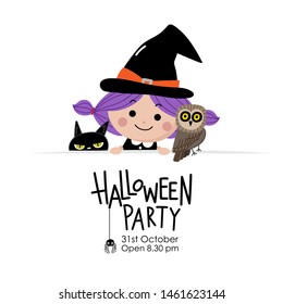 Happy halloween greeting card with cute witch, owl and black cat .Animal holidays cartoon character vector.