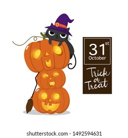 Happy Halloween greeting card with cute black cat wear witch hat and scary pumpkin. Animal holidays cartoon character. Calligraphy hand written. -Vector.