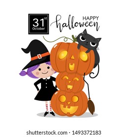 Happy halloween greeting card with cute witch, orange pumpkin and black cat. Holidays cartoon character vector