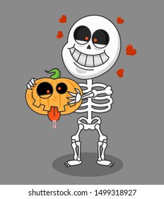 Happy halloween greeting card. Cute funny skeleton holds pumpkin. Holidays cartoon character vector. Design for print, emblem, t-shirt, party decoration, sticker, logotype.