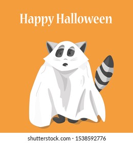 happy halloween greeting card with cute raccoon ghost on orange background