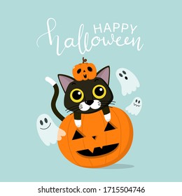 Happy Halloween greeting card with cute black cat, scary pumpkin and spooky ghosts. Animal holidays cartoon character. Calligraphy hand written. -Vector.