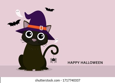 Happy Halloween greeting card with cute black cat wear witch hat and scary ghost. Animal holidays cartoon character.  -Vector.