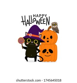 Happy Halloween greeting card with cute black cat wear witch hat, owl and spooky pumpkin. Animal holidays cartoon character. -Vector.