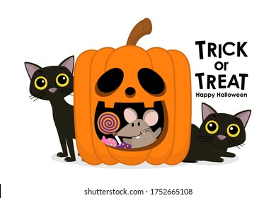 Happy halloween greeting card with cute black cat, rat and pumpkin. Trick or treat banner. Animal holidays cartoon character. -Vector