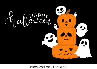 Happy halloween greeting card with cute ghost and spooky pumpkin. Holidays cartoon character. -Vector