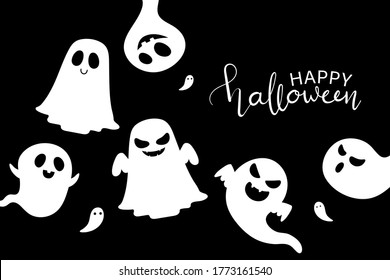 Happy halloween greeting card with cute and scary ghost. Holidays cartoon character. -Vector