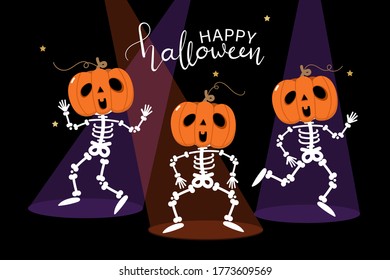 Happy halloween greeting card with cute skeleton and pumpkin dance. Holidays cartoon character vector. Calligraphy hand written.