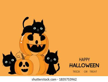 Happy Halloween greeting card with cute black cat and pumpkin.