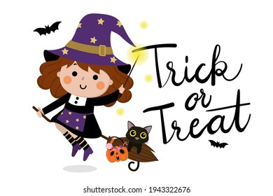 Happy halloween greeting card with cute witch, pumpkin and black cat. Holidays cartoon character vector