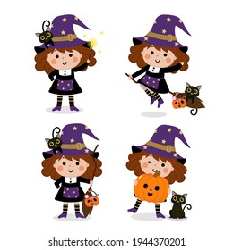 Happy halloween greeting card with cute witch, pumpkin and black cat. Holidays cartoon character vector