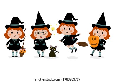 Happy halloween greeting card with cute witch, pumpkin and black cat. Holidays cartoon character vector