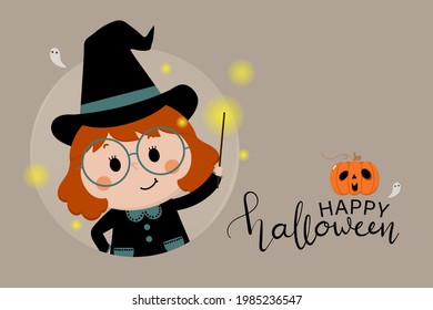 Happy halloween greeting card with cute witch hold a magic wand and orange pumpkin. Holidays cartoon character vector