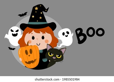 Happy halloween greeting card with cute witch, ghost, black cat and orange pumpkin. Holidays cartoon character vector