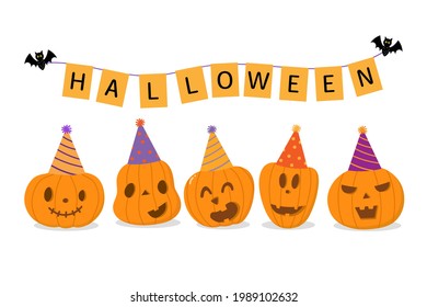 Happy halloween greeting card with cute pumpkin and party hat. Holidays cartoon character. -Vector