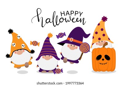 Happy halloween greeting card with cute gnome, candy and spooky pumpkin. Trick or treat holidays cartoon character. -vector