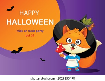 Happy Halloween greeting card with cute foxy witch. Funny witch fox with Fly agaric