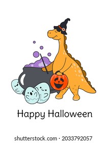 Happy Halloween. A Halloween greeting card with a cute dinosaur in a witch costume, a pumpkin basket, a witch's cauldron and an inscription. Vector illustration in cartoon style