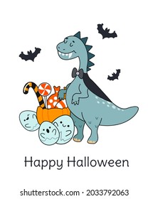 Happy Halloween. A Halloween greeting card with a cute dinosaur in a vampire costume, a basket of sweets, bats and an inscription. Vector illustration in cartoon style.