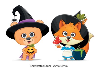 Happy Halloween greeting card. Cute little bear in witch hat holding Jack o Lantern and funny foxy with cauldron
