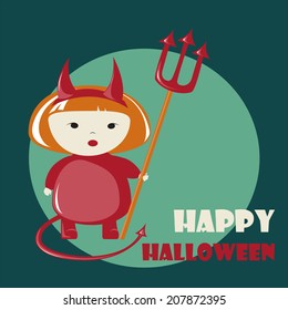 Happy Halloween greeting card. Cute girl in devil costume. Vector illustration.
