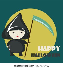 Happy Halloween greeting card. Cute girl in death costume. Vector illustration.
