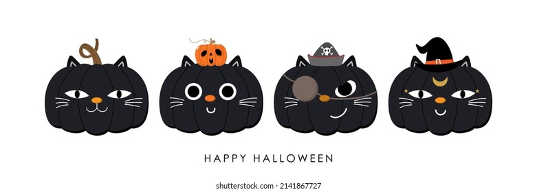 Happy Halloween Greeting Card With Cute Cat Face Paint On Pumpkin. Holidays Cartoon Character. -Vector