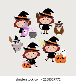 Feliz tarjeta de saludo de Halloween con bruja linda, calabaza y búho pequeño. Vector de personaje de caricatura de vacaciones