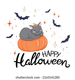 Happy Halloween greeting card with cute black cat and spooky pumpkin wear witch hat. Animal holidays cartoon character. Vector.