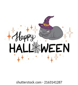 Happy Halloween greeting card with cute black cat and spooky pumpkin wear witch hat. Animal holidays cartoon character. Vector.