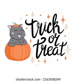 Happy Halloween greeting card with cute black cat and spooky pumpkin wear witch hat. Animal holidays cartoon character.