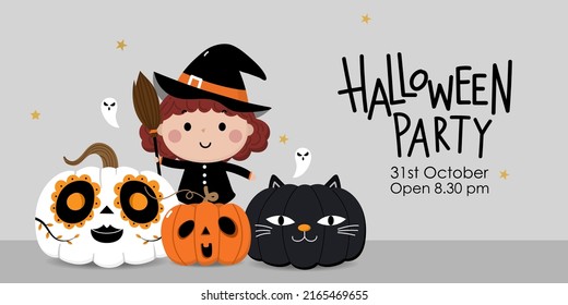 Happy halloween greeting card with cute witch and pumpkin in ghost and cat style. Holidays cartoon character vector