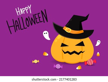 Happy halloween greeting card with cute pumpkin. Holidays cartoon character. cartoon vector.