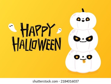 Happy halloween greeting card with cute skeleton face paint on pumpkin. Holidays cartoon character. Halloween illustration. 