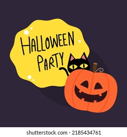 Happy halloween greeting card with cute pumpkin. Holidays cartoon character. cartoon vector.