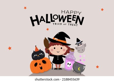 Happy halloween greeting card with cute witch, orange pumpkin, owl  poison bottle and magic pot. Holidays cartoon character vector