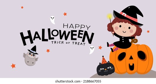 Happy halloween greeting card with cute witch, owl, orange pumpkin and black cat. Holidays cartoon character vector