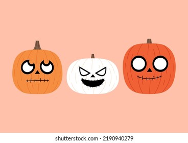 Happy halloween greeting card with cute skeleton face paint on pumpkin. Holidays cartoon character. Halloween illustration. 