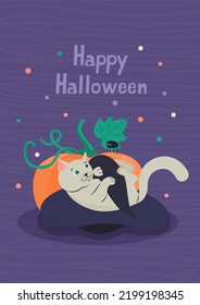 Happy Halloween greeting card with cute white kitten in witch's hat and jack-o-lantern pumpkin. Hand drawn lettering and vector illustration.