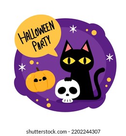 Happy halloween greeting card with cute pumpkin and cat. Holidays cartoon character. Halloween pumpkin head vector.