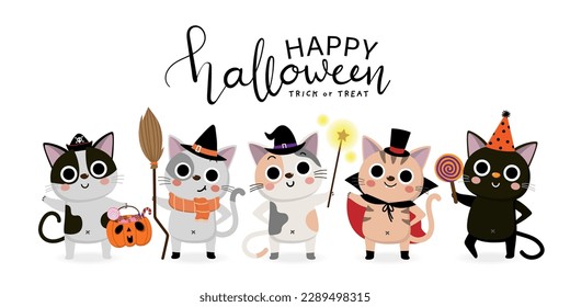 Feliz tarjeta de saludo de Halloween con un lindo gato con bruja, pirata, vampiro y disfraz fantasma. Personaje de caricatura de vacaciones. -Vector